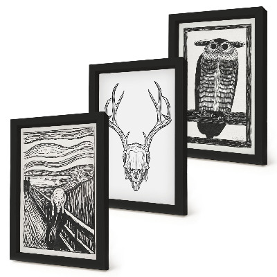 Set 3 tablouri Inspirat de imaginea Scream cu un craniu și o bufniță într-un stil grafic