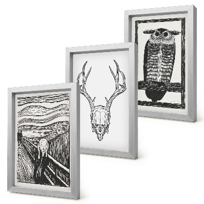 Set 3 tablouri Inspirat de imaginea Scream cu un craniu și o bufniță într-un stil grafic