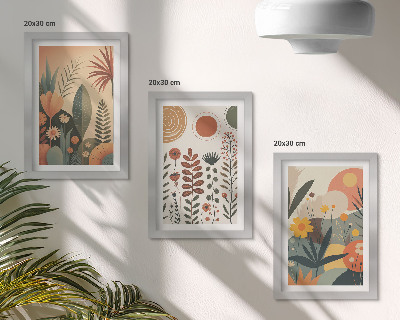 Set 3 tablouri Modele de plante boho în nuanțe calde, cu o notă naturală