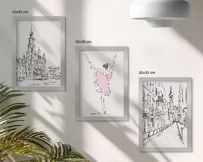 Galerie de perete cu imagini elegante reprezentând balerine dansatoare și elemente de arhitectură