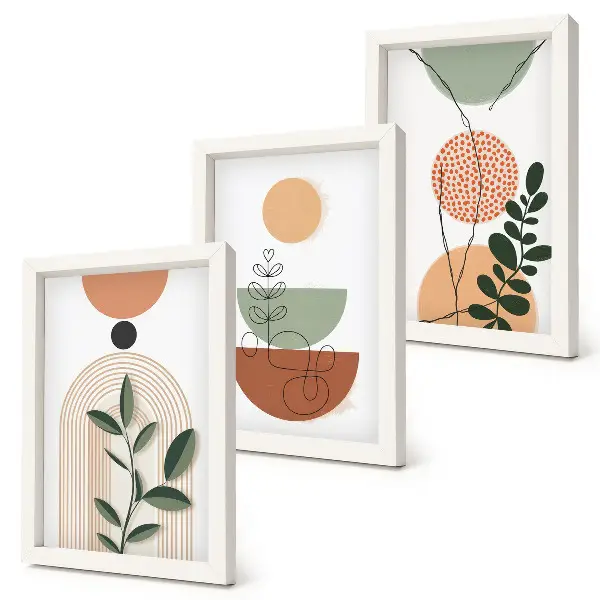 Set de 3 tablouri cu forme abstracte și motive vegetale colorate