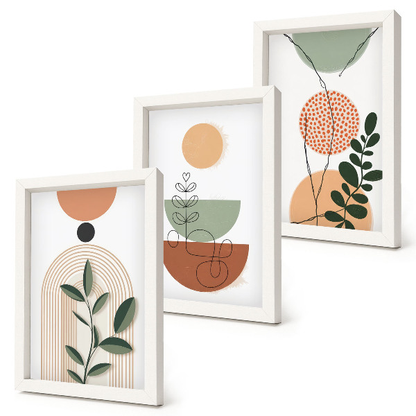 Set 3 tablouri Forme abstracte cu motive vegetale colorate