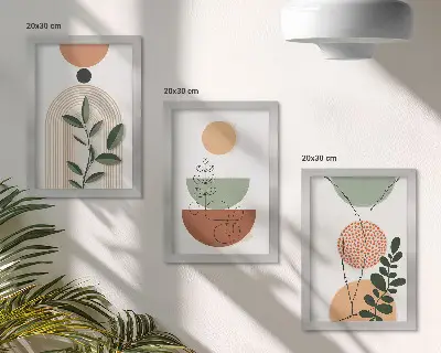 Set de 3 tablouri cu forme abstracte și motive vegetale colorate