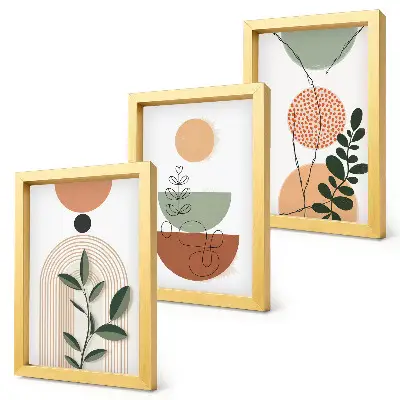 Set de 3 tablouri cu forme abstracte și motive vegetale colorate