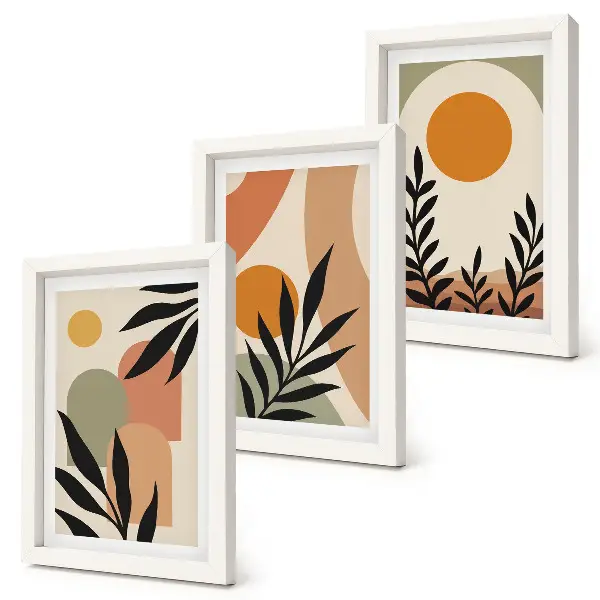 Set de 3 tablouri cu forme abstracte și motive vegetale în culori calde