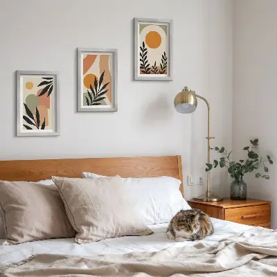Set de 3 tablouri cu forme abstracte și motive vegetale în culori calde