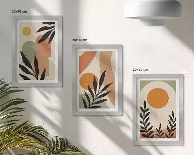 Set de 3 tablouri cu forme abstracte și motive vegetale în culori calde