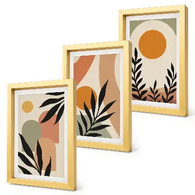 Set de 3 tablouri cu forme abstracte și motive vegetale în culori calde