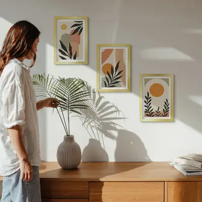Set de 3 tablouri cu forme abstracte și motive vegetale în culori calde