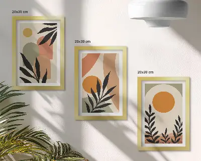 Set de 3 tablouri cu forme abstracte și motive vegetale în culori calde