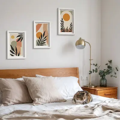 Set de 3 tablouri cu forme abstracte și motive vegetale în culori calde