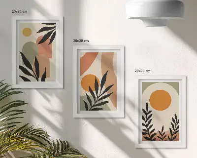 Set de 3 tablouri cu forme abstracte și motive vegetale în culori calde