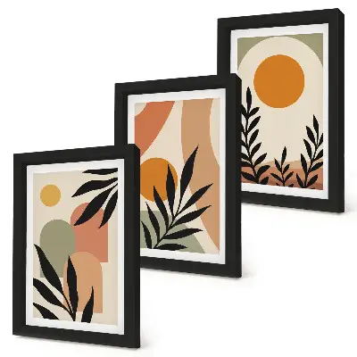 Set de 3 tablouri cu forme abstracte și motive vegetale în culori calde
