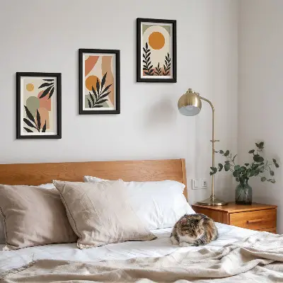 Set de 3 tablouri cu forme abstracte și motive vegetale în culori calde