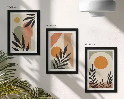 Set de 3 tablouri cu forme abstracte și motive vegetale în culori calde