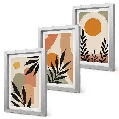 Set de 3 tablouri cu forme abstracte și motive vegetale în culori calde