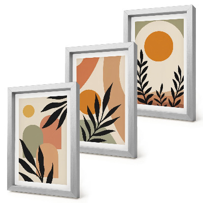 Set 3 tablouri Forme abstracte și motive vegetale în culori calde