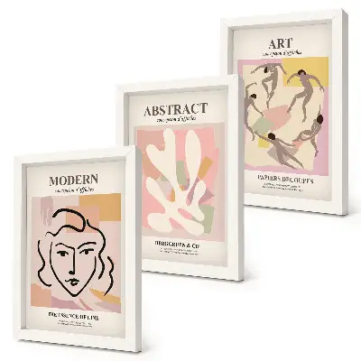Set 3 tablouri cu portrete elegante și forme abstracte în culori pastelate