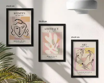 Set 3 tablouri cu portrete elegante și forme abstracte în culori pastelate