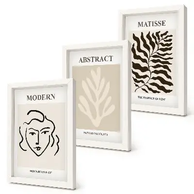 Set 3 tablouri cu ilustrații reprezentând chipuri și frunze în stilul graficii lui Henri Matisse