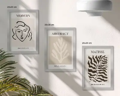 Set 3 tablouri cu ilustrații reprezentând chipuri și frunze în stilul graficii lui Henri Matisse