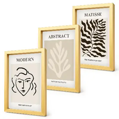 Set 3 tablouri cu ilustrații reprezentând chipuri și frunze în stilul graficii lui Henri Matisse