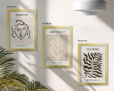 Set 3 tablouri cu ilustrații reprezentând chipuri și frunze în stilul graficii lui Henri Matisse
