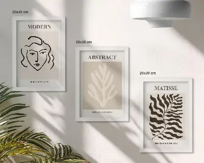 Set 3 tablouri cu ilustrații reprezentând chipuri și frunze în stilul graficii lui Henri Matisse