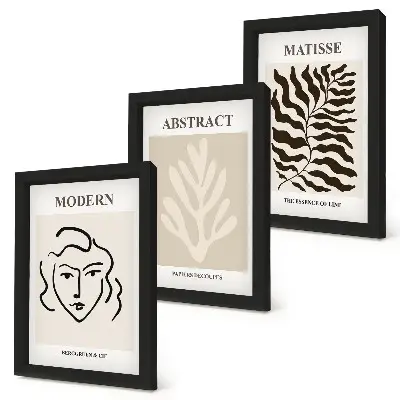 Set 3 tablouri cu ilustrații reprezentând chipuri și frunze în stilul graficii lui Henri Matisse