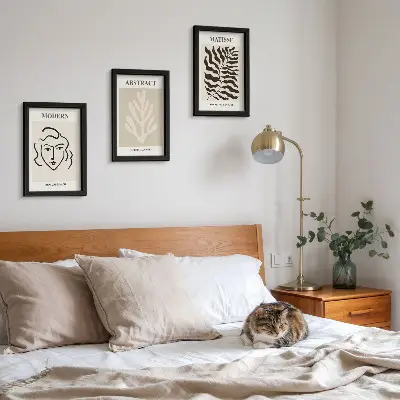 Set 3 tablouri cu ilustrații reprezentând chipuri și frunze în stilul graficii lui Henri Matisse