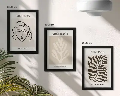 Set 3 tablouri cu ilustrații reprezentând chipuri și frunze în stilul graficii lui Henri Matisse