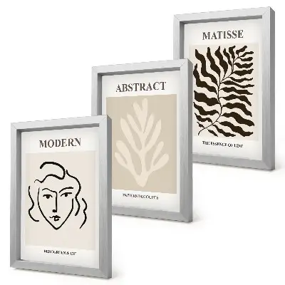 Set 3 tablouri cu ilustrații reprezentând chipuri și frunze în stilul graficii lui Henri Matisse