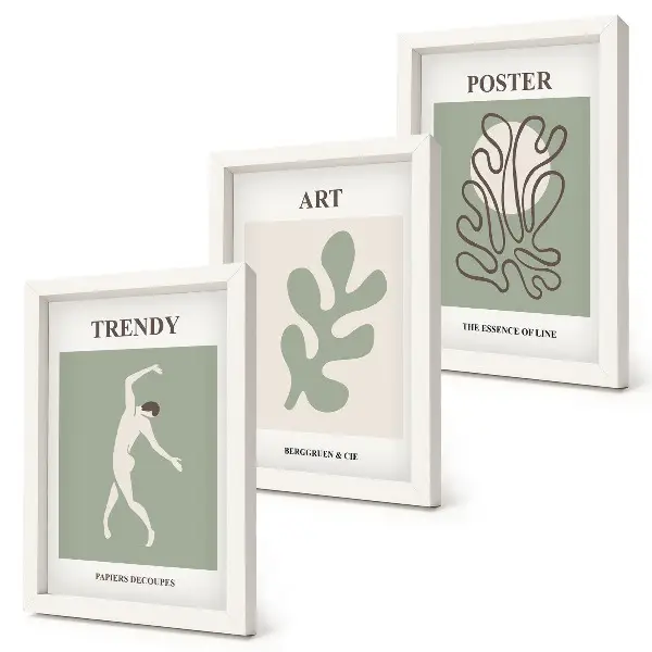 Set 3 tablouri cu figuri abstracte și motive vegetale în culori discrete