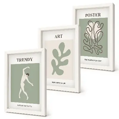 Set 3 tablouri cu figuri abstracte și motive vegetale în culori discrete