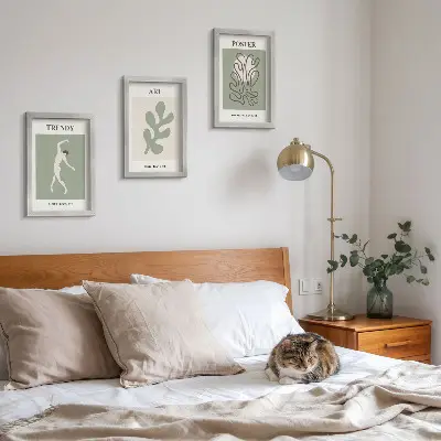 Set 3 tablouri cu figuri abstracte și motive vegetale în culori discrete