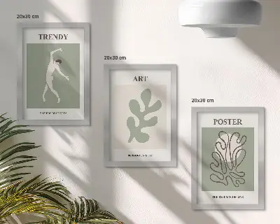 Set 3 tablouri cu figuri abstracte și motive vegetale în culori discrete