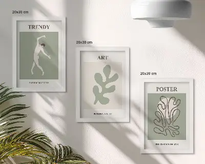 Set 3 tablouri cu figuri abstracte și motive vegetale în culori discrete