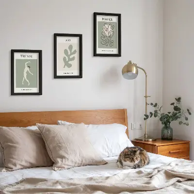 Set 3 tablouri cu figuri abstracte și motive vegetale în culori discrete