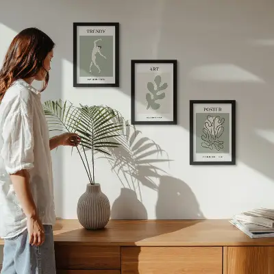 Set 3 tablouri cu figuri abstracte și motive vegetale în culori discrete