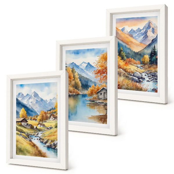 Set 3 tablouri Munți pictați de toamnă cu un râu și cabane