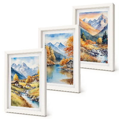 Set 3 tablouri Munți pictați de toamnă cu un râu și cabane