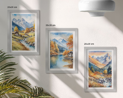 Set 3 tablouri Munți pictați de toamnă cu un râu și cabane