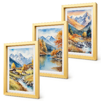 Set 3 tablouri Munți pictați de toamnă cu un râu și cabane