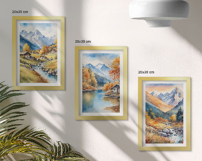Set 3 tablouri Munți pictați de toamnă cu un râu și cabane
