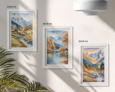 Set 3 tablouri Munți pictați de toamnă cu un râu și cabane