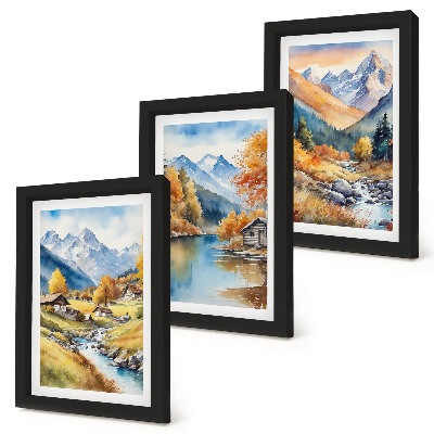 Set 3 tablouri Munți pictați de toamnă cu un râu și cabane
