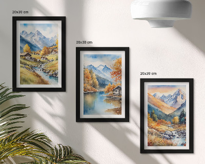 Set 3 tablouri Munți pictați de toamnă cu un râu și cabane