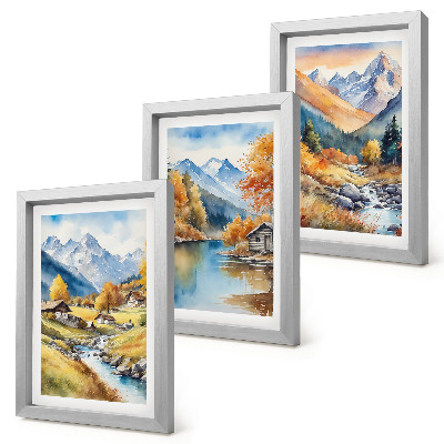 Set 3 tablouri Munți pictați de toamnă cu un râu și cabane