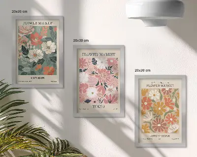 Galerie de perete cu postere reprezentând modele florale din Londra, Tokyo și Amsterdam