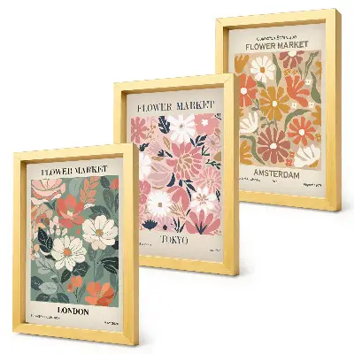 Galerie de perete cu postere reprezentând modele florale din Londra, Tokyo și Amsterdam